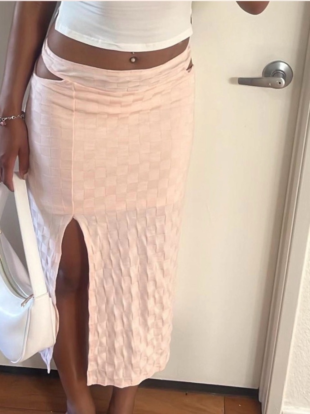 Urban Outfitters Light Pink Woven Midi Skirt with Front Slit